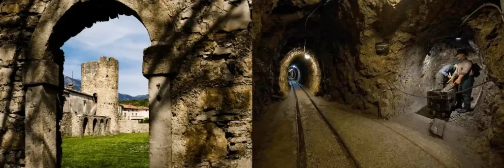 5 Day Itinerary in Slovenia historic heritage guide image featuring a diptych: (left) the ancient stone ruins and defensive towers of the Roman fort Castra in Ajdovščina framed by a crumbling stone archway, and (right) the dim, atmospheric underground tunnels of Antonijev Rov in Idrija showcasing historic mining tracks and a museum display of traditional mercury miners at work.