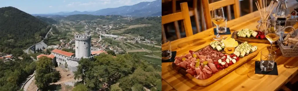 5 Day Itinerary in Slovenia wine tour and regional guide image featuring a diptych: (left) an aerial vista of a historic stone castle tower rising over the green rolling landscapes and villages of the Vipava Valley, and (right) a wooden table display at Žorž winery in Slap featuring full glasses of white wine alongside a gourmet cold cut platter loaded with prosciutto, cheeses, and local appetizers.