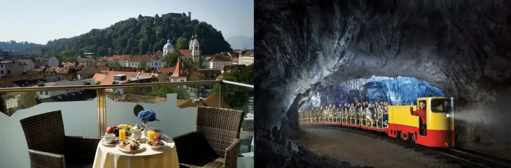 7 Day Itinerary in Slovenia travel guide image featuring a diptych: (left) a romantic breakfast table set on the private terrace of City Hotel Ljubljana looking out over the old town rooftops toward Ljubljana Castle on the hill, and (right) visitors riding the open-air underground train through the illuminated, massive stalactite caverns of Postojna Cave.