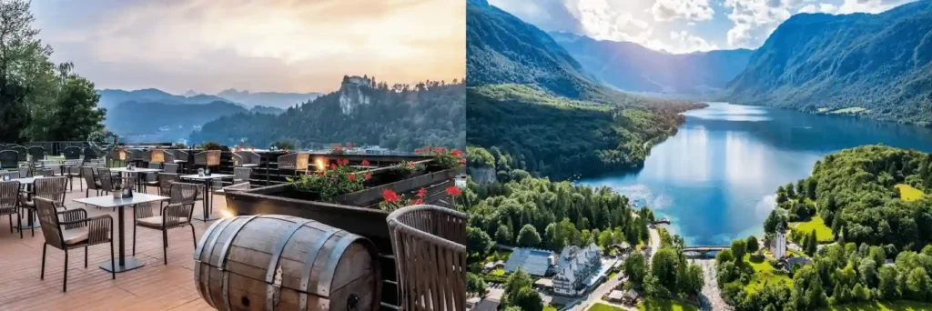 7 Day Itinerary in Slovenia vacation guide image featuring a diptych: (left) the open-air terrace restaurant of Hotel Kompas in Bled with wooden tables, decorative wine barrels, and a panoramic view of Bled Castle on its cliff, and (right) an elevated aerial view of the deep blue Lake Bohinj winding through lush green valleys and dramatic alpine mountain ridges.