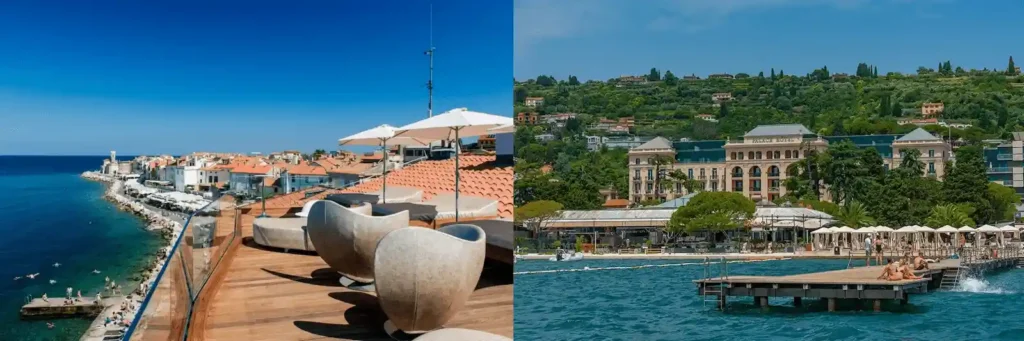 7 Day Itinerary in Slovenia coastal travel guide, merged image featuring:(left) the sunny rooftop terrace of Hotel Piran equipped with modern lounge chairs overlooking the deep blue Adriatic Sea and the historic town peninsula, and (right) a view from the sea looking toward the grand historic facade of the Kempinski Palace Hotel in Portorož nestled against lush green hills.