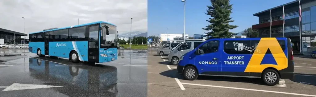 From Ljubljana airport to city center transportation options showing a merged image: (left) a blue Arriva public transit bus parked on the wet asphalt outside the terminal building, and (right) a blue and yellow Nomago shuttle van labeled "Airport Transfer" parked in a designated shuttle lane under a clear blue sky.
