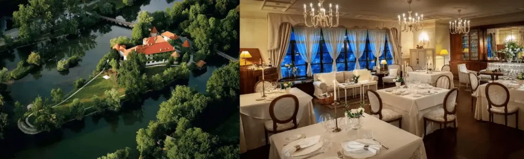 Slovenia honeymoon historic stays feature showcasing a diptych: (left) an aerial view of the iconic Grad Otočec castle sitting on its lush green island in the middle of the emerald Krka River, and (right) the aristocratic, candlelit dining room of Kendov Dvorec manor with elegant table settings, crystal chandeliers, and grand drapes.