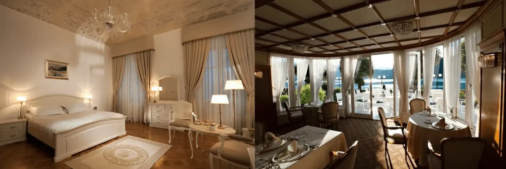 Slovenia honeymoon luxury guide feature showcasing a diptych: (left) an elegant, historic bedroom at Antiq Palace with period furnishings and classic chandeliers, and (right) the interior dining hall of Grand Hotel Toplice with its signature curved windows, coffered ceiling, and panoramic views of Lake Bled and the outdoor dining terrace.